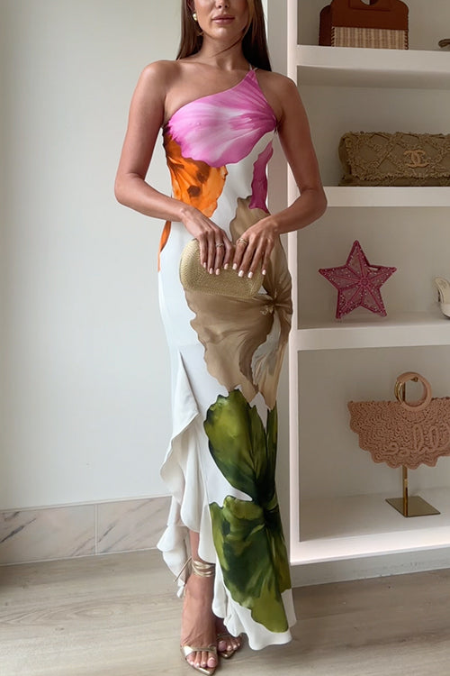 Amelie – Einschultriges Maxikleid mit Blumenmuster und seitlicher Drapierung